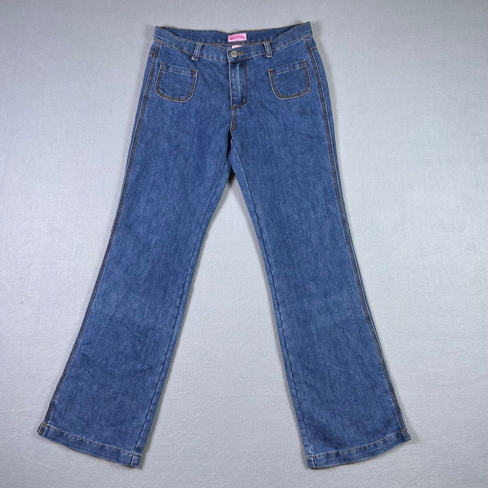 She's Cool Jeans Womens 7/8 Y2K Flare Bootcut Mid Rise Denim Blue Jeans